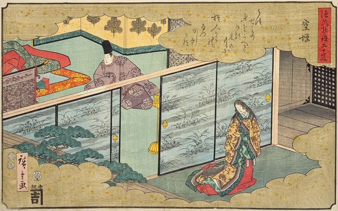 Ancient woodcut print of the Tale of Genji by Hiroshige