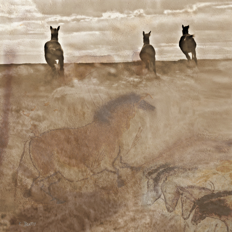 Wild horses running on the range are featured in this photo collage with cave art from the Lascaux caves.